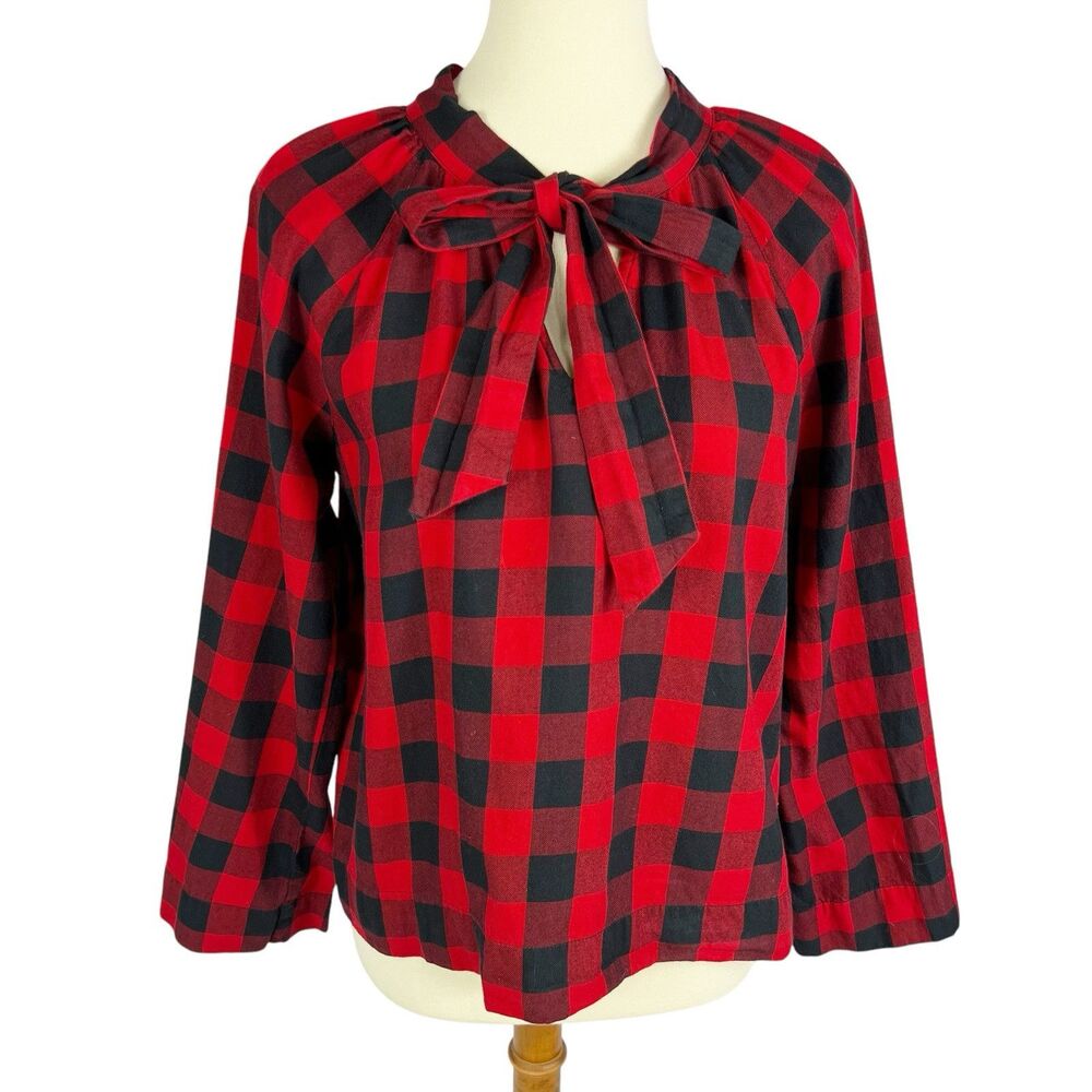 Madewell Red Black Buffalo Plaid Cotton Tie Neck Long Sleeve Top Women’s Medium